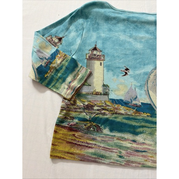 Take Two vintage 3/4 sleeve shirt cotton lighthouse sequins sailboats coastal L - Picture 13 of 16